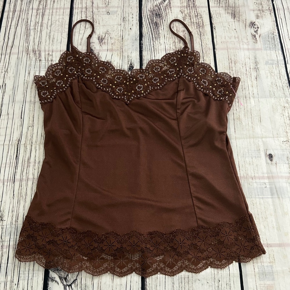 The Limited Brown Lace Trim Beaded Babydoll Cami Top Womens Sz M Y2K Preppy Chic - Picture 5 of 11